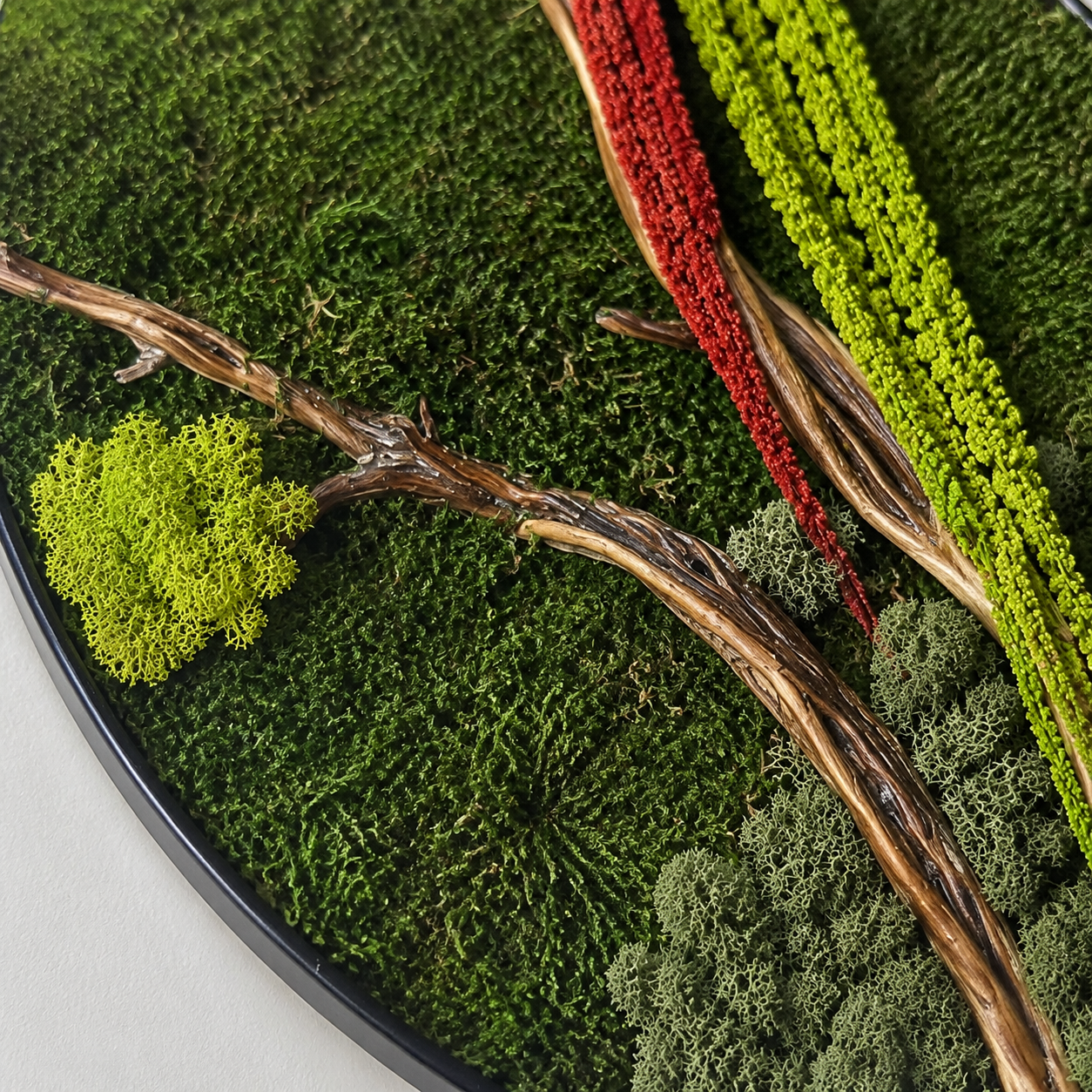 Round Moss Wall Art Preserved Moss & Driftwood Circle Panel, Black Frame