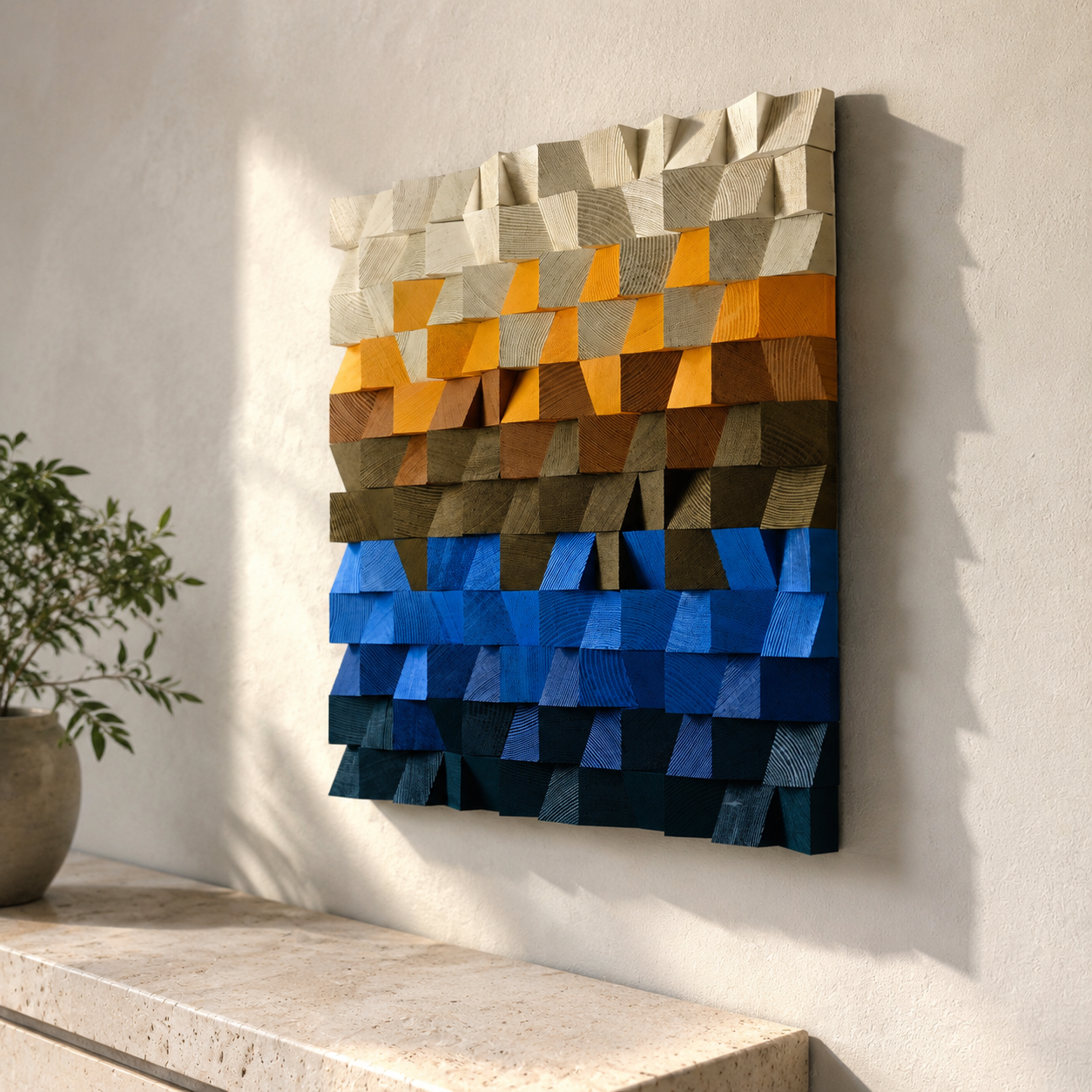 Square 3D Wood Wall Art Handmade Mosaic Panel in Sand, Amber & Deep Blue  Abstract Landscape Wall Decor