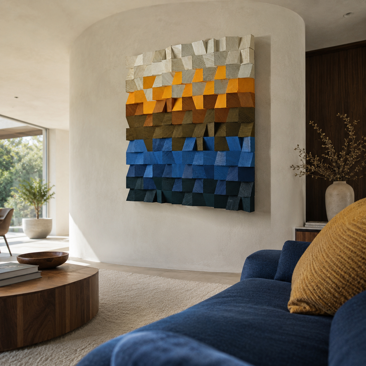 Square 3D Wood Wall Art Handmade Mosaic Panel in Sand, Amber & Deep Blue  Abstract Landscape Wall Decor