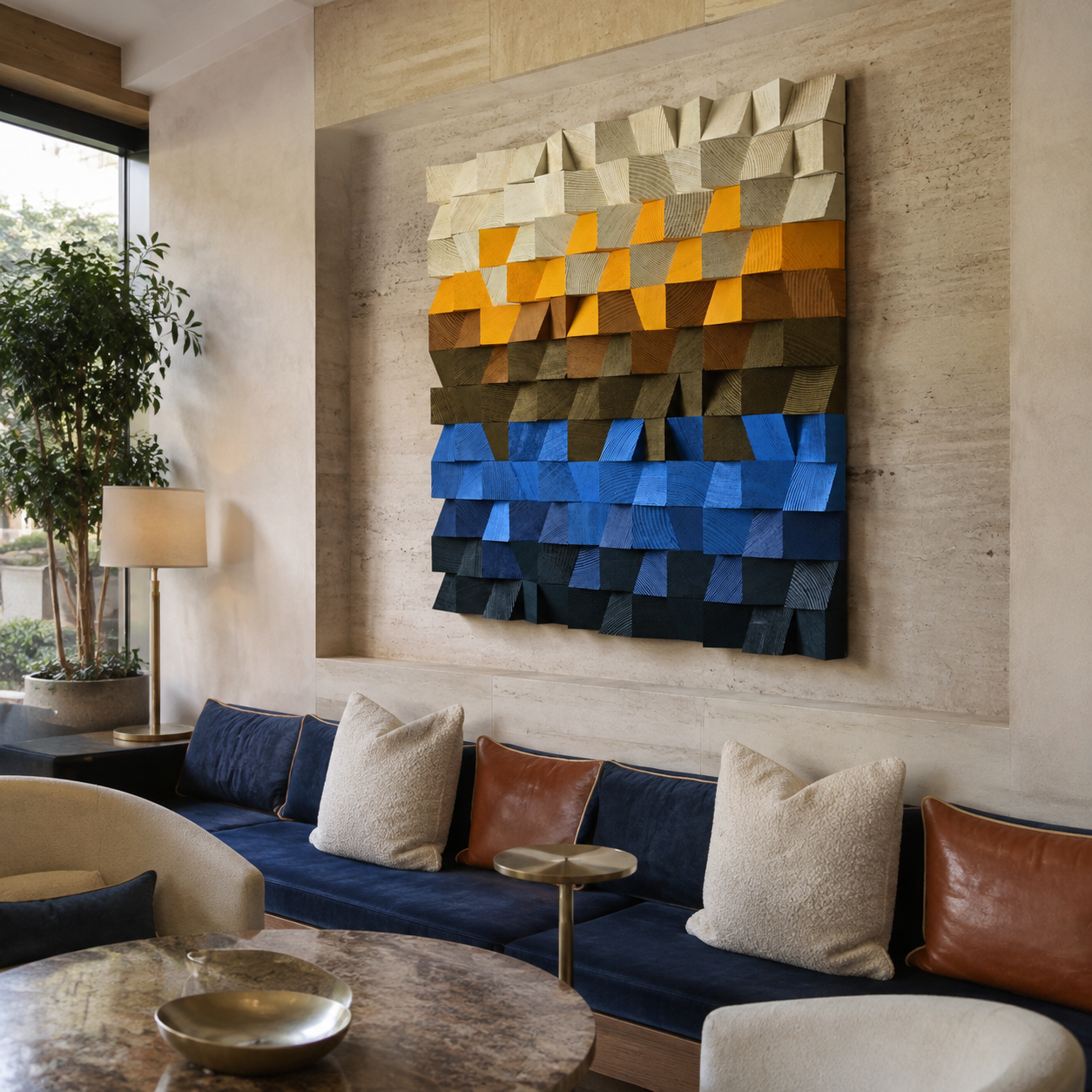 Square 3D Wood Wall Art Handmade Mosaic Panel in Sand, Amber & Deep Blue  Abstract Landscape Wall Decor