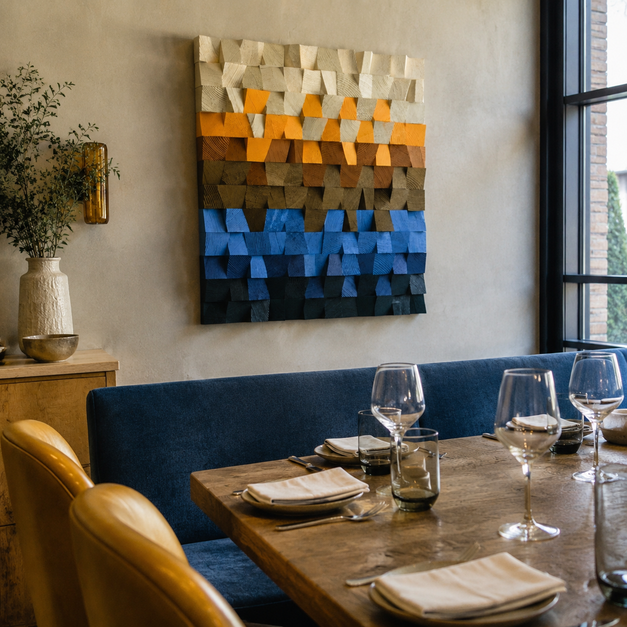 Square 3D Wood Wall Art Handmade Mosaic Panel in Sand, Amber & Deep Blue  Abstract Landscape Wall Decor