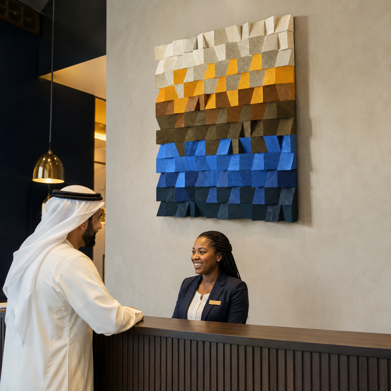 Square 3D Wood Wall Art Handmade Mosaic Panel in Sand, Amber & Deep Blue  Abstract Landscape Wall Decor