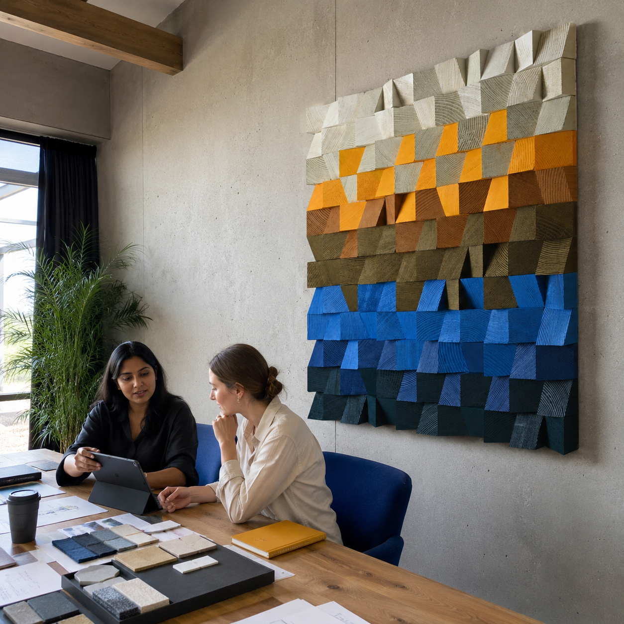 Square 3D Wood Wall Art Handmade Mosaic Panel in Sand, Amber & Deep Blue  Abstract Landscape Wall Decor