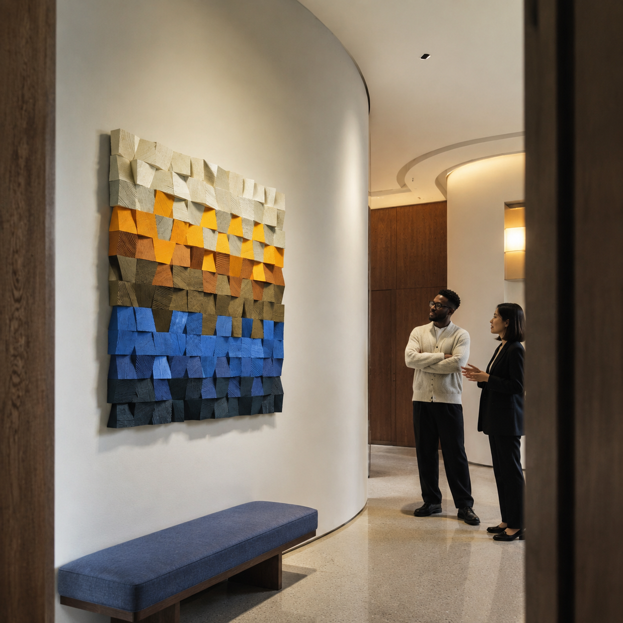 Square 3D Wood Wall Art Handmade Mosaic Panel in Sand, Amber & Deep Blue  Abstract Landscape Wall Decor