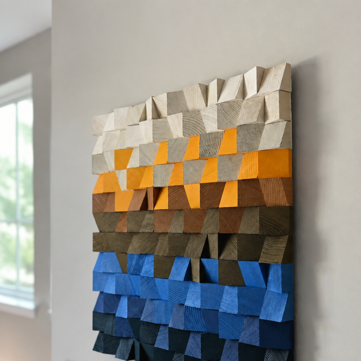 Square 3D Wood Wall Art Handmade Mosaic Panel in Sand, Amber & Deep Blue  Abstract Landscape Wall Decor