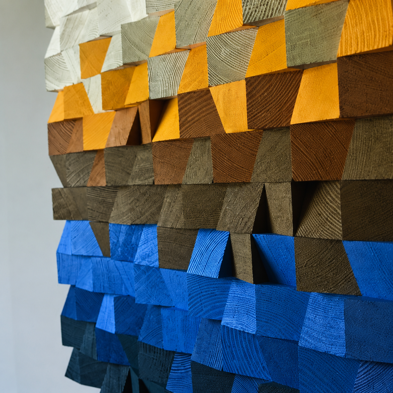 Square 3D Wood Wall Art Handmade Mosaic Panel in Sand, Amber & Deep Blue  Abstract Landscape Wall Decor