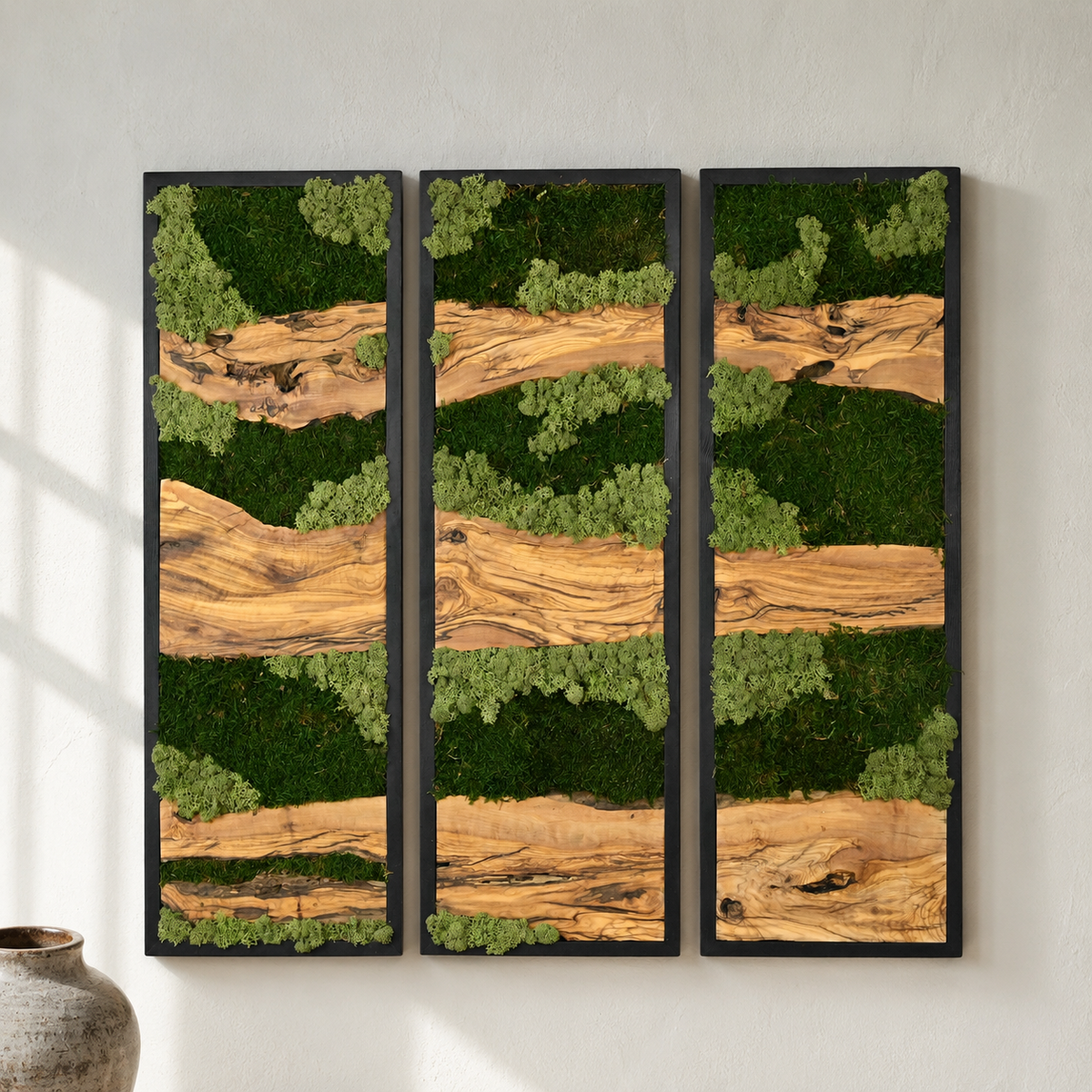 3 Piece Moss Wall Art Set Olive Wood Triptych with Preserved Moss in Black Frames Large Biophilic Wall Decor