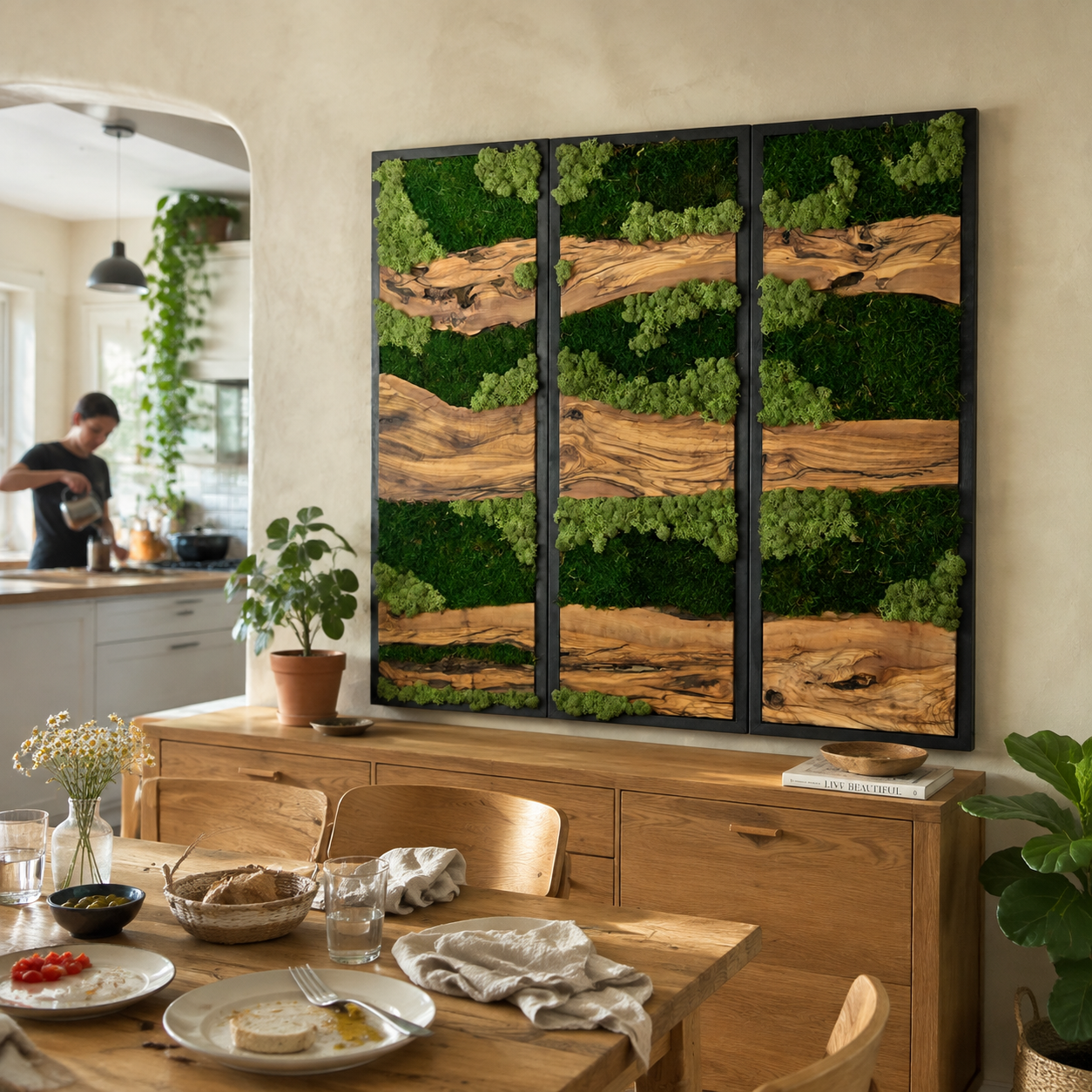 3 Piece Moss Wall Art Set Olive Wood Triptych with Preserved Moss in Black Frames Large Biophilic Wall Decor