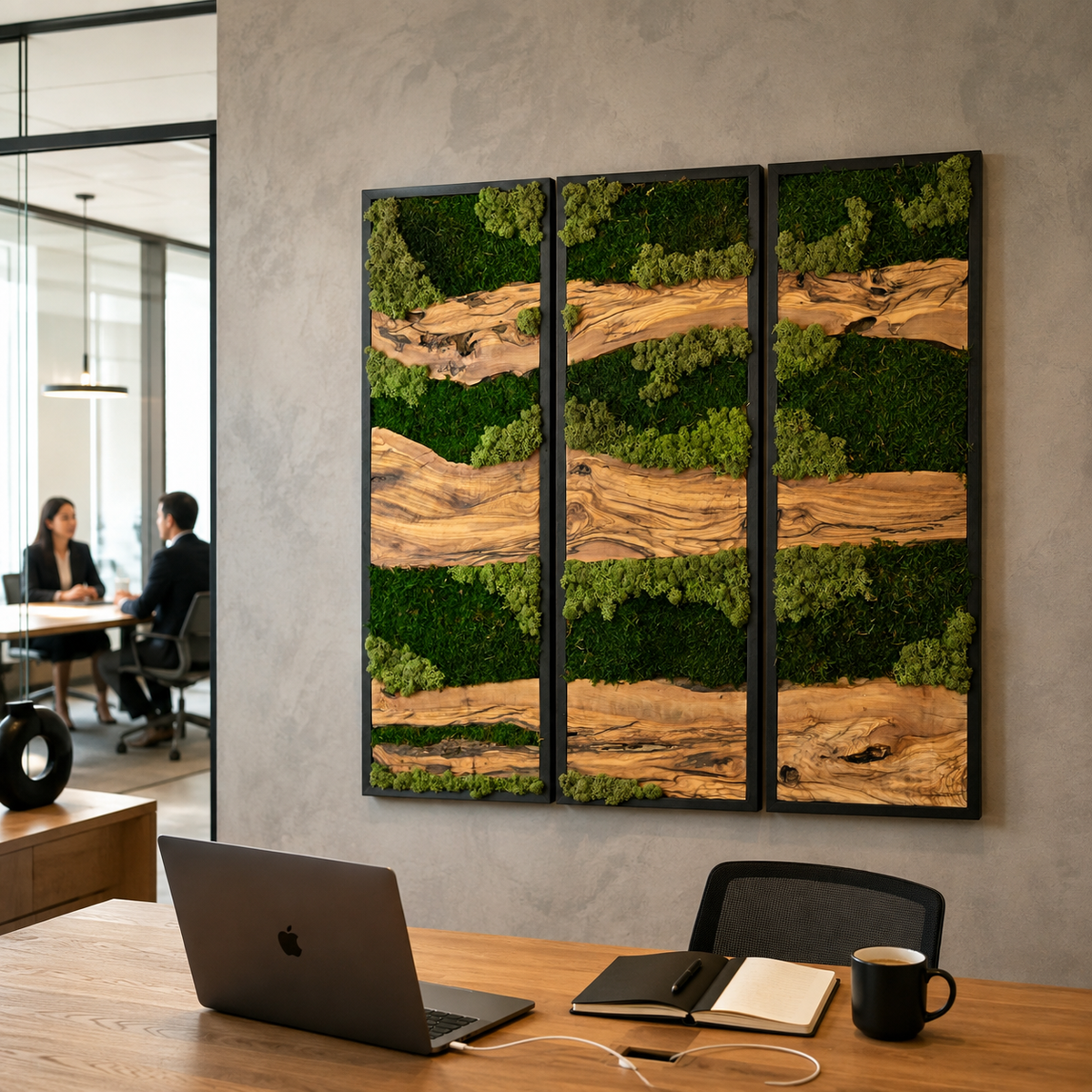 3 Piece Moss Wall Art Set Olive Wood Triptych with Preserved Moss in Black Frames Large Biophilic Wall Decor