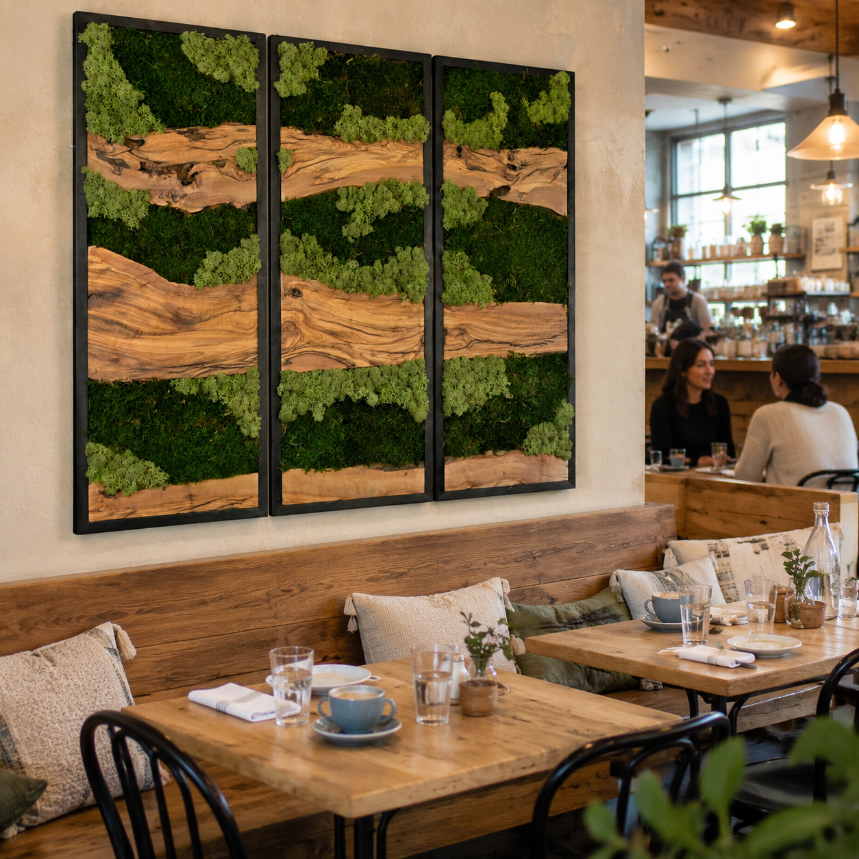 3 Piece Moss Wall Art Set Olive Wood Triptych with Preserved Moss in Black Frames Large Biophilic Wall Decor