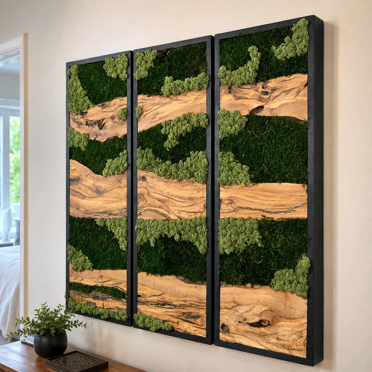 3 Piece Moss Wall Art Set Olive Wood Triptych with Preserved Moss in Black Frames Large Biophilic Wall Decor