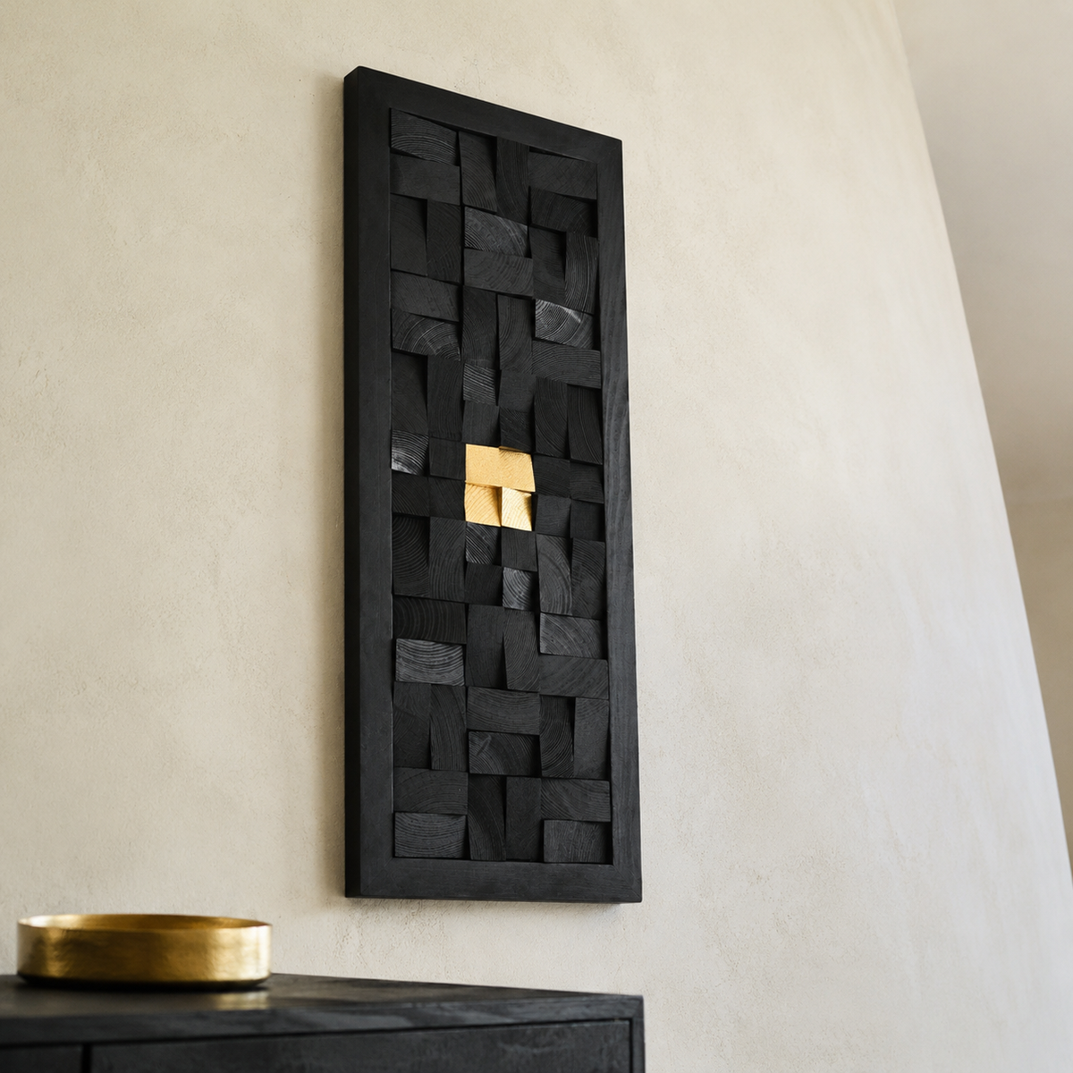 Black 3D Wood Wall Art with Gold Accent Charred Wood Mosaic Panel in a Black Frame Sculptural Luxury Wall Decor