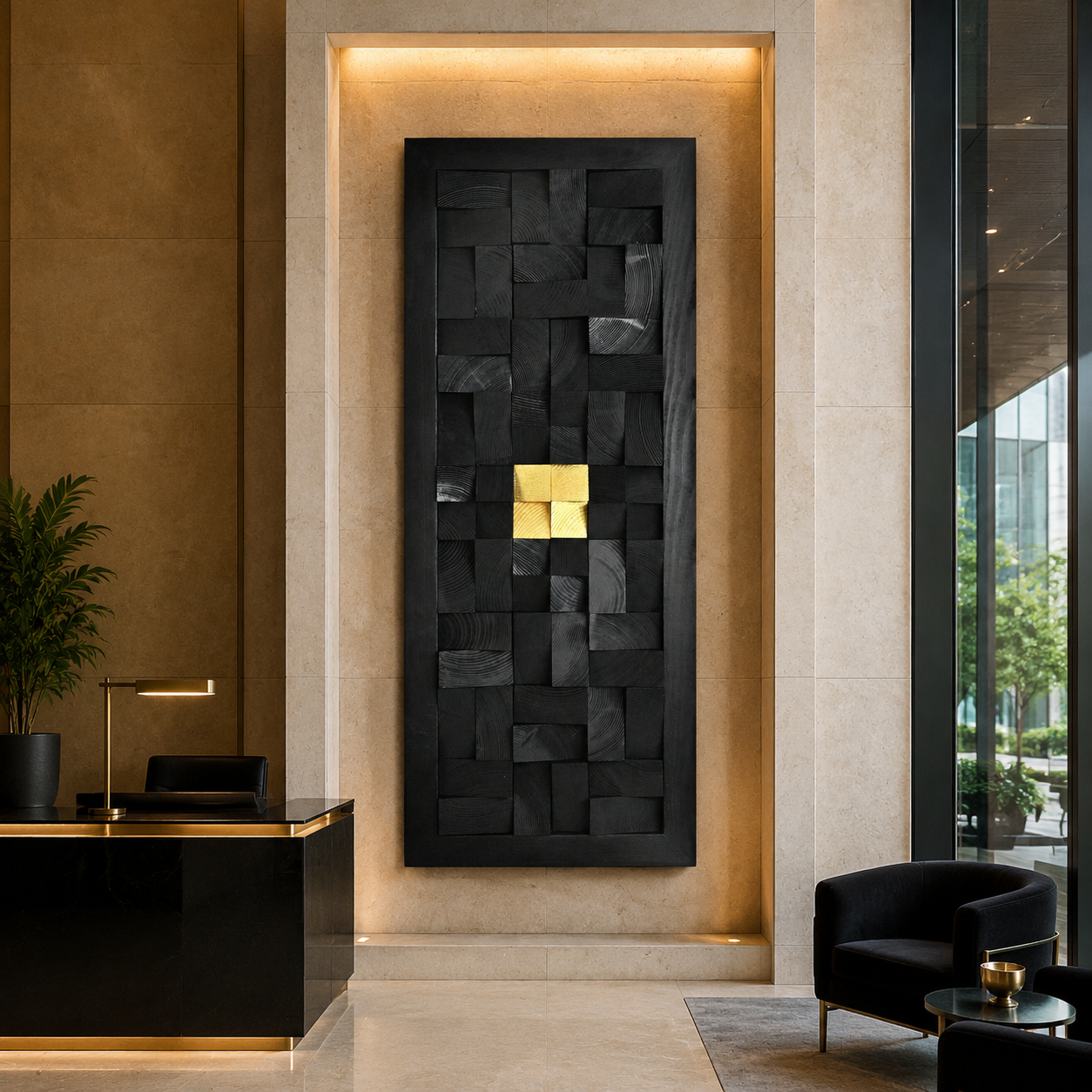 Black 3D Wood Wall Art with Gold Accent Charred Wood Mosaic Panel in a Black Frame Sculptural Luxury Wall Decor