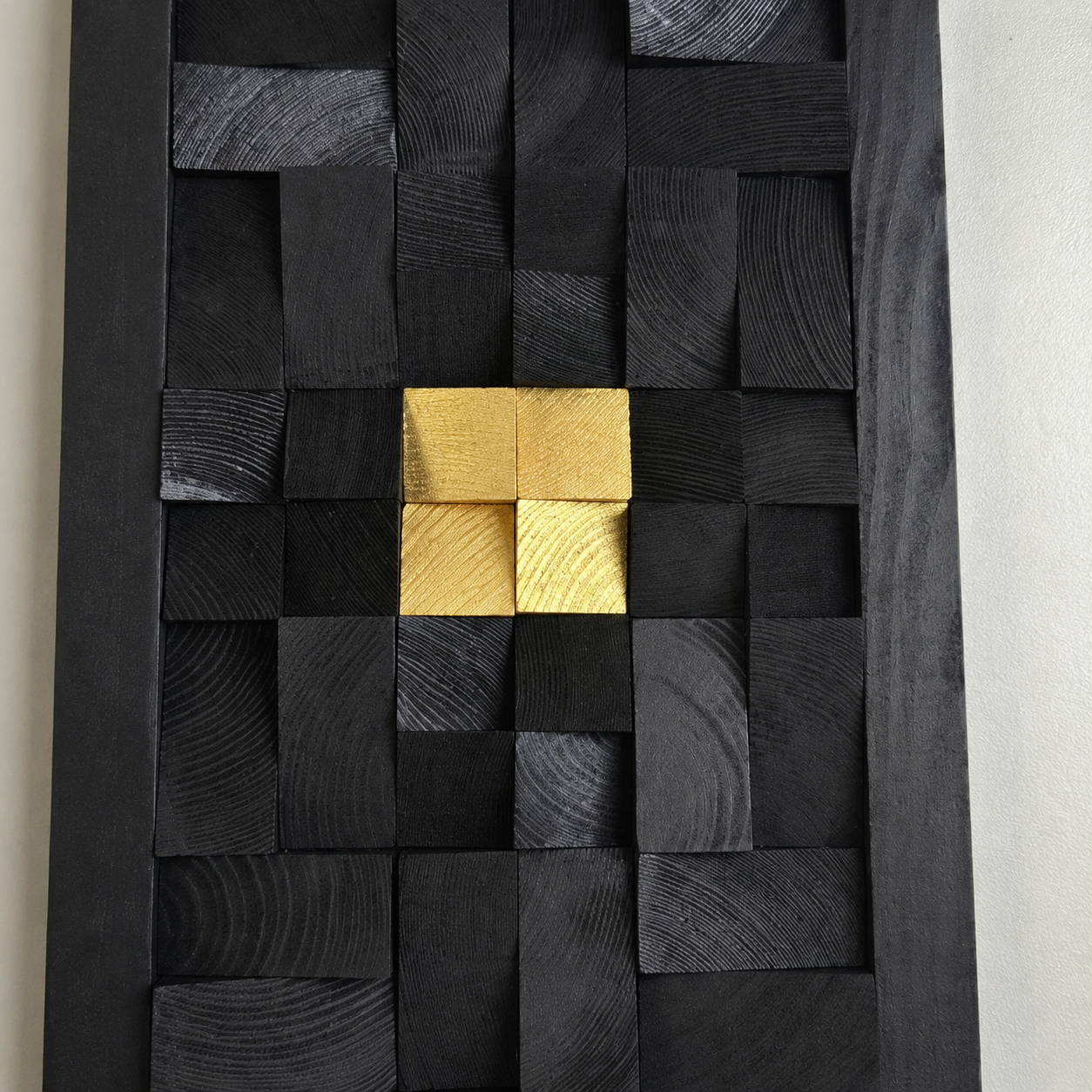 Black 3D Wood Wall Art with Gold Accent Charred Wood Mosaic Panel in a Black Frame Sculptural Luxury Wall Decor