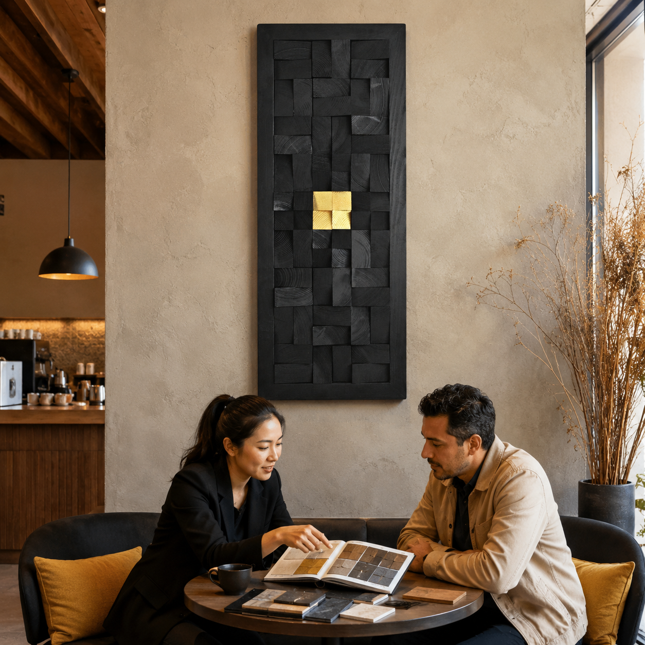 Black 3D Wood Wall Art with Gold Accent Charred Wood Mosaic Panel in a Black Frame Sculptural Luxury Wall Decor