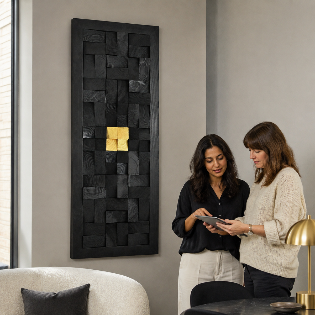 Black 3D Wood Wall Art with Gold Accent Charred Wood Mosaic Panel in a Black Frame Sculptural Luxury Wall Decor