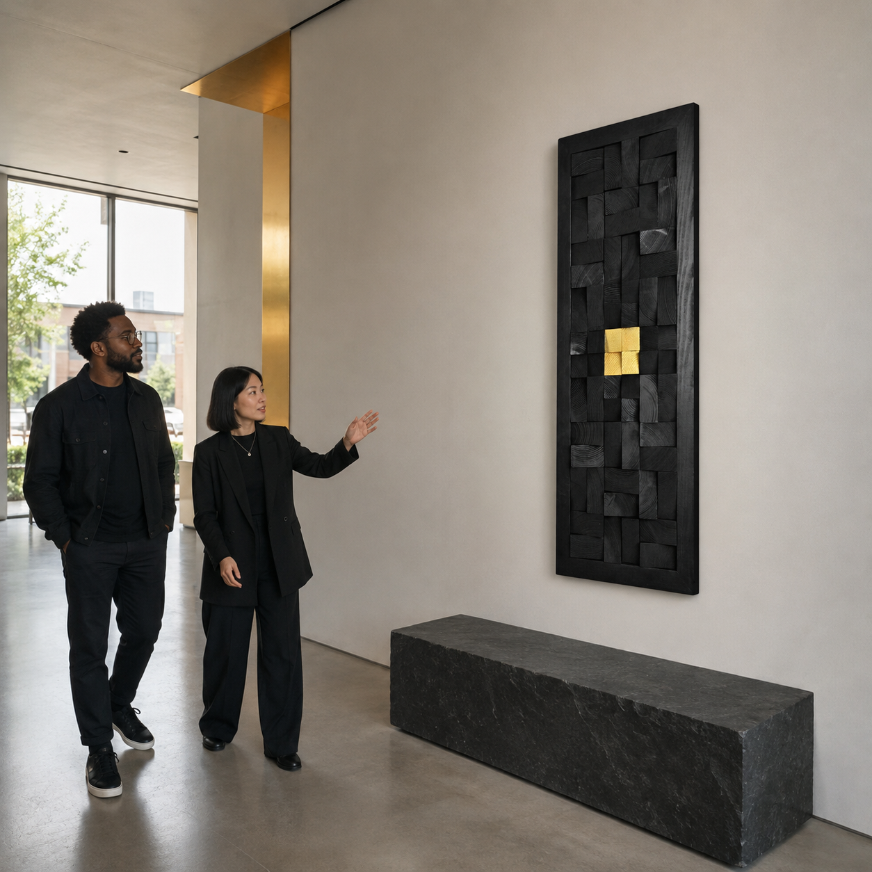 Black 3D Wood Wall Art with Gold Accent Charred Wood Mosaic Panel in a Black Frame Sculptural Luxury Wall Decor
