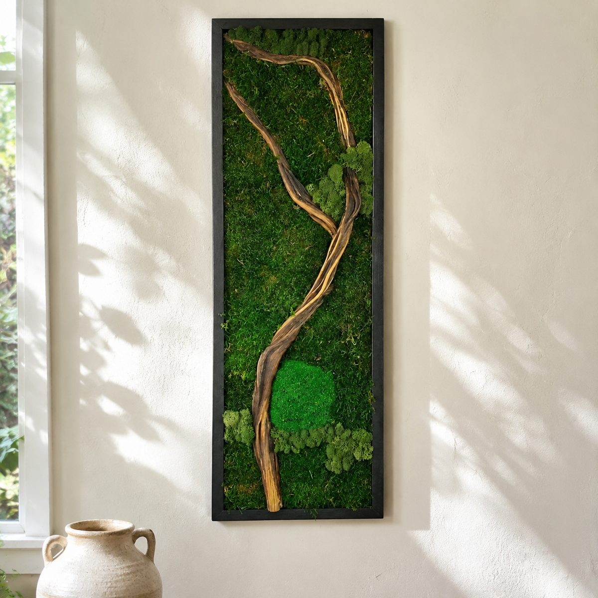 Driftwood Moss Wall Art Preserved Moss Panel with Sculptural Branch in a Black Frame Botanical Wall Decor