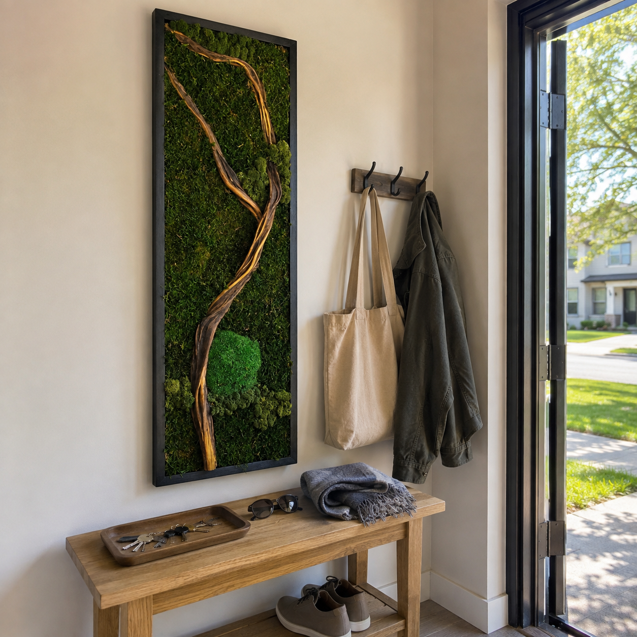 Driftwood Moss Wall Art Preserved Moss Panel with Sculptural Branch in a Black Frame Botanical Wall Decor