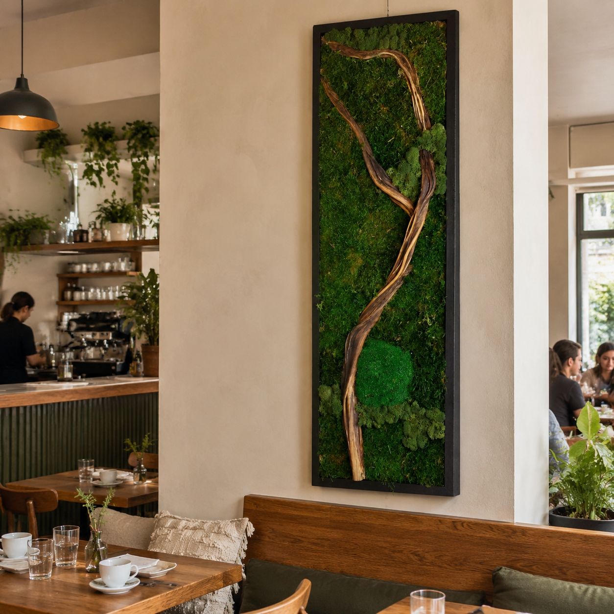 Driftwood Moss Wall Art Preserved Moss Panel with Sculptural Branch in a Black Frame Botanical Wall Decor
