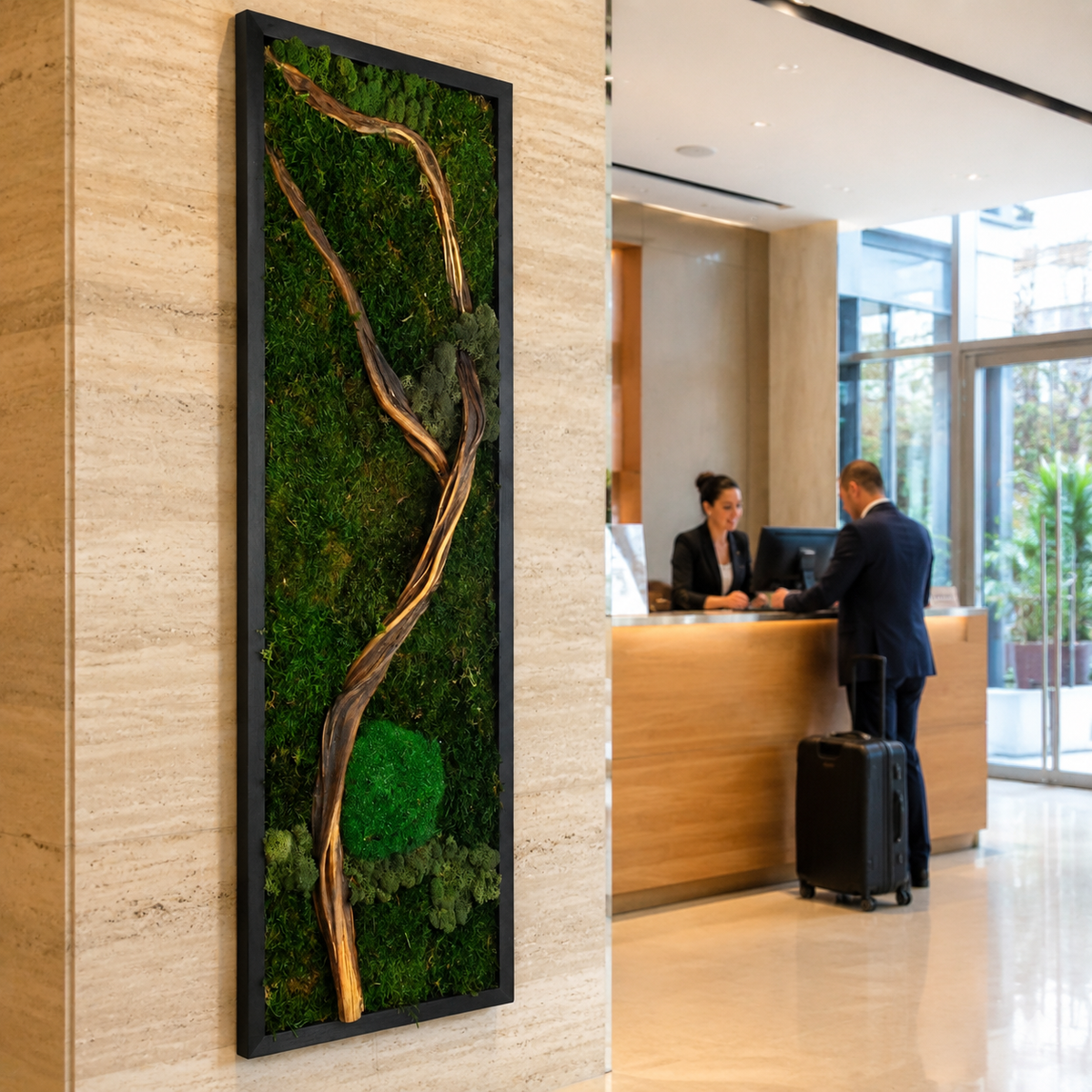 Driftwood Moss Wall Art Preserved Moss Panel with Sculptural Branch in a Black Frame Botanical Wall Decor