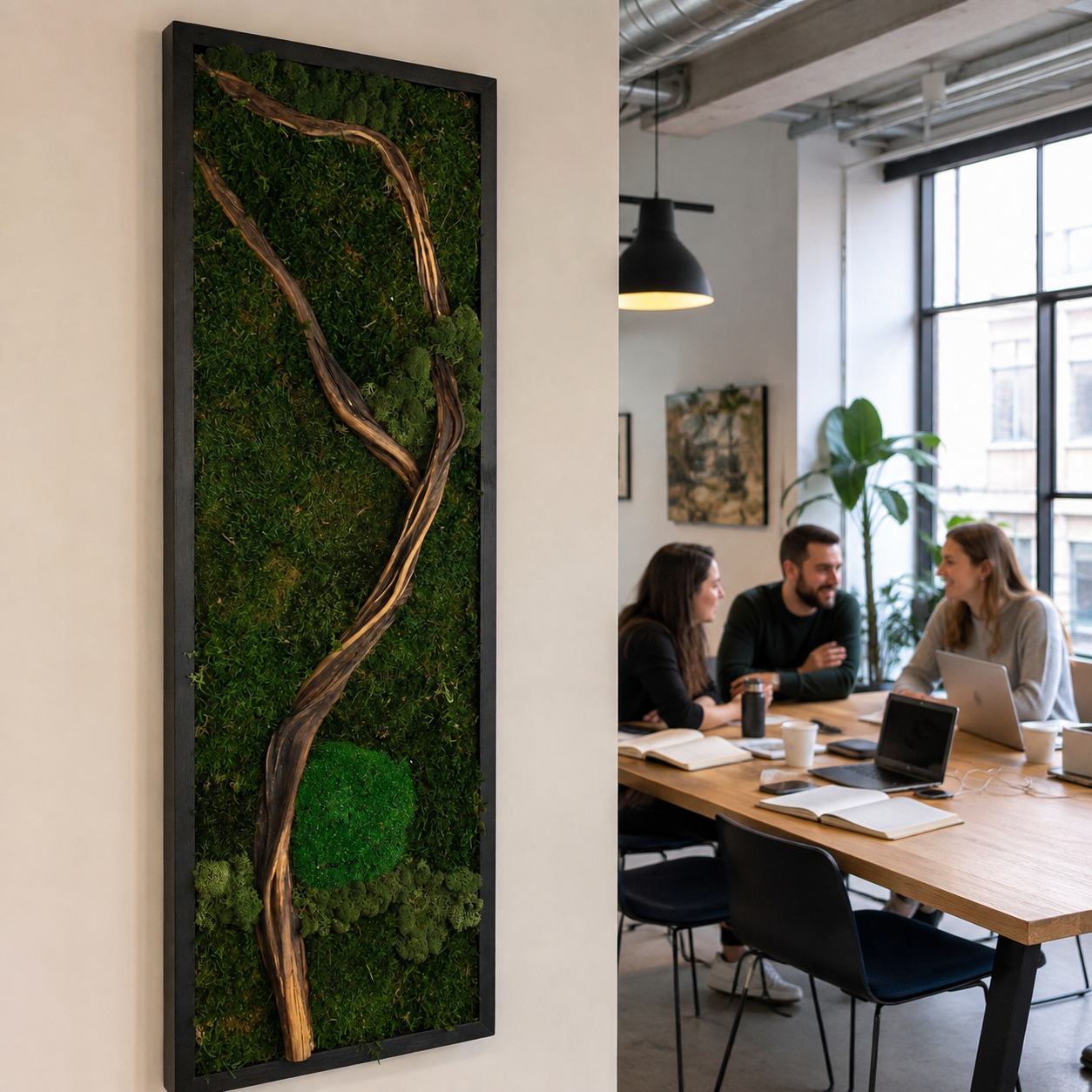 Driftwood Moss Wall Art Preserved Moss Panel with Sculptural Branch in a Black Frame Botanical Wall Decor