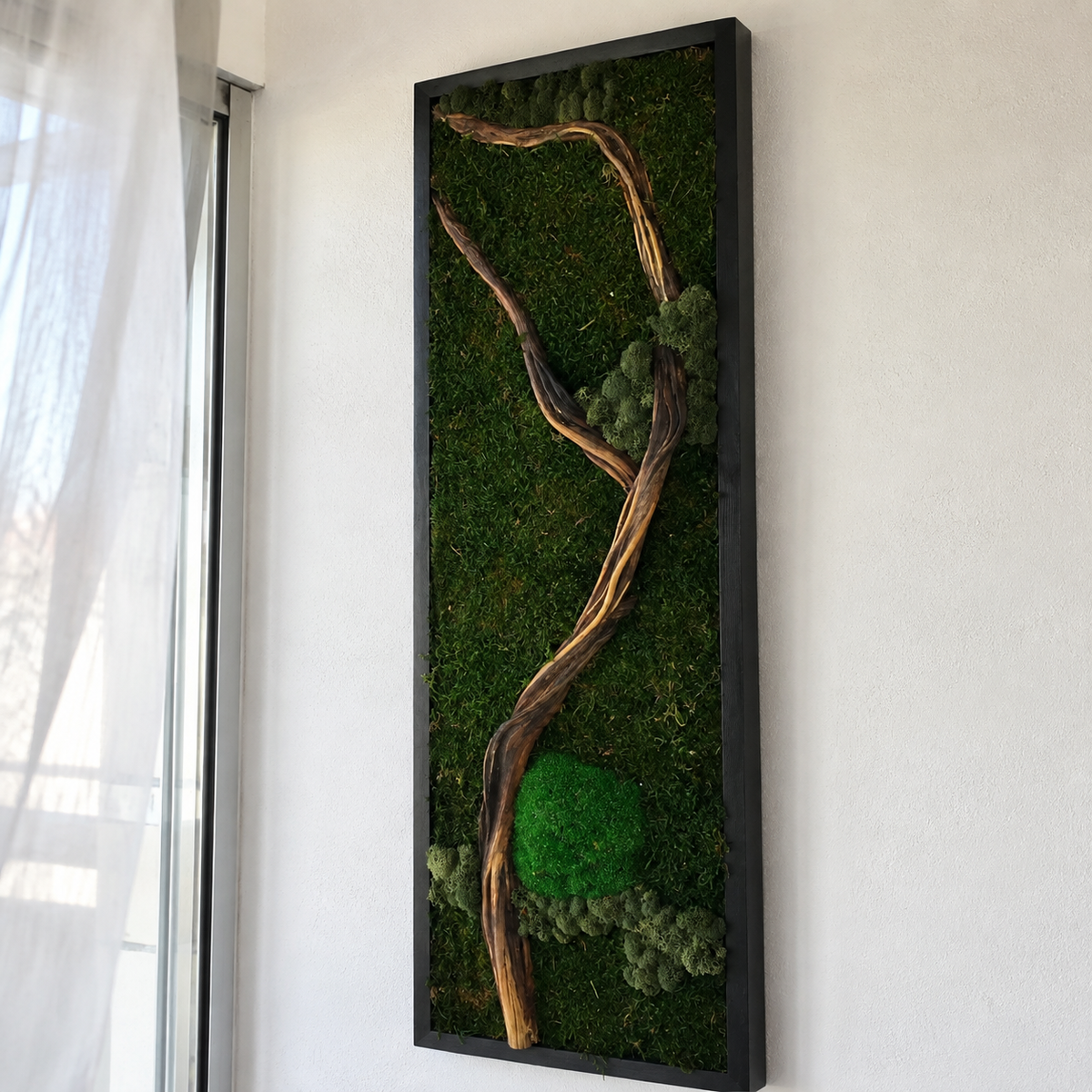 Driftwood Moss Wall Art Preserved Moss Panel with Sculptural Branch in a Black Frame Botanical Wall Decor