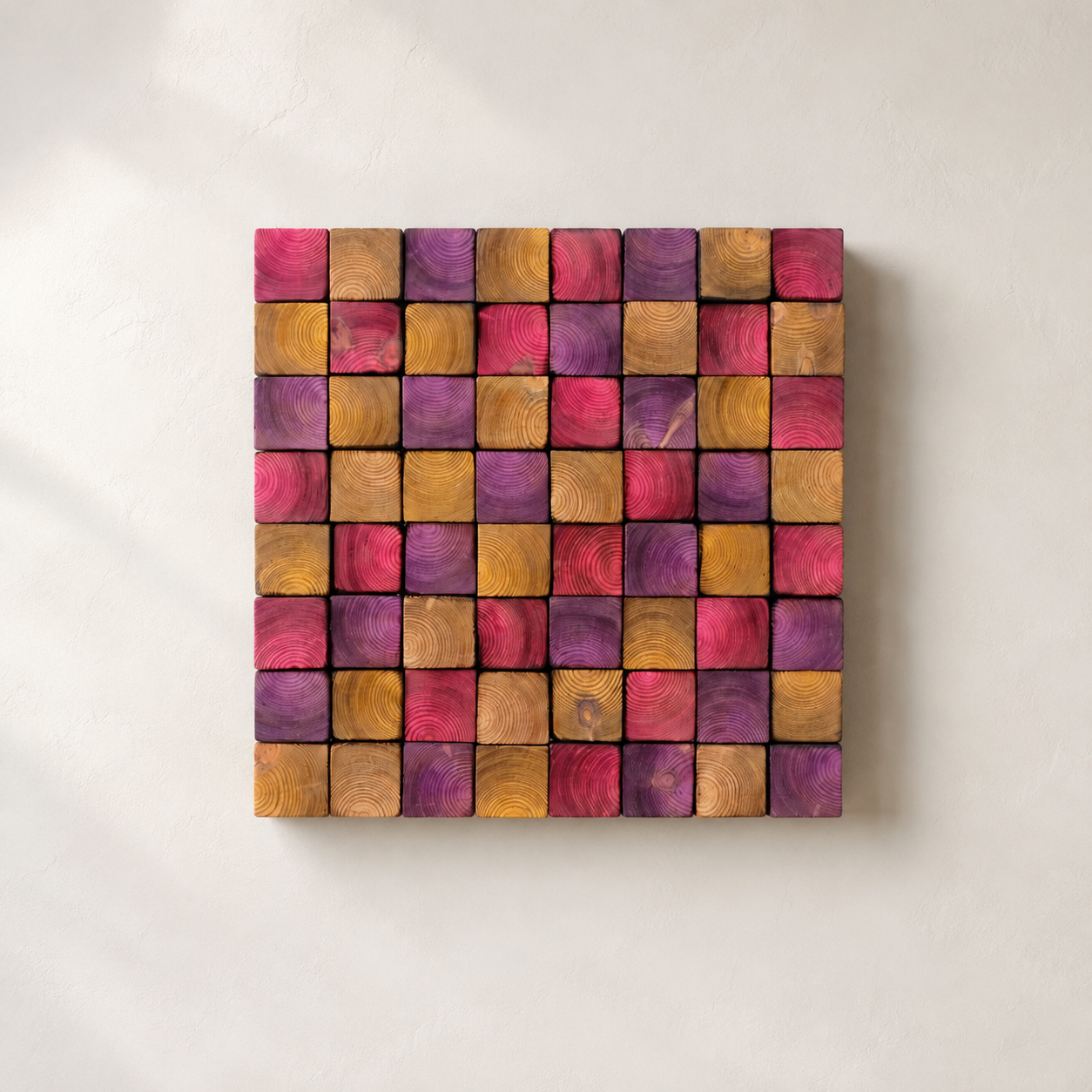 Square Wood Wall Art Handmade Block Mosaic in Pink, Purple & Amber Colourful Modern Wall Decor