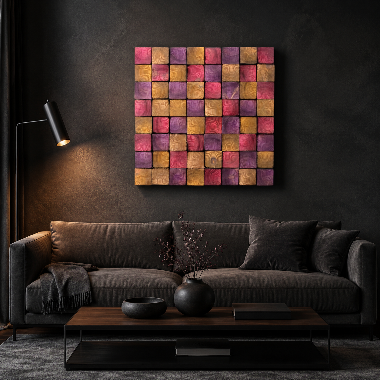 Square Wood Wall Art Handmade Block Mosaic in Pink, Purple & Amber Colourful Modern Wall Decor