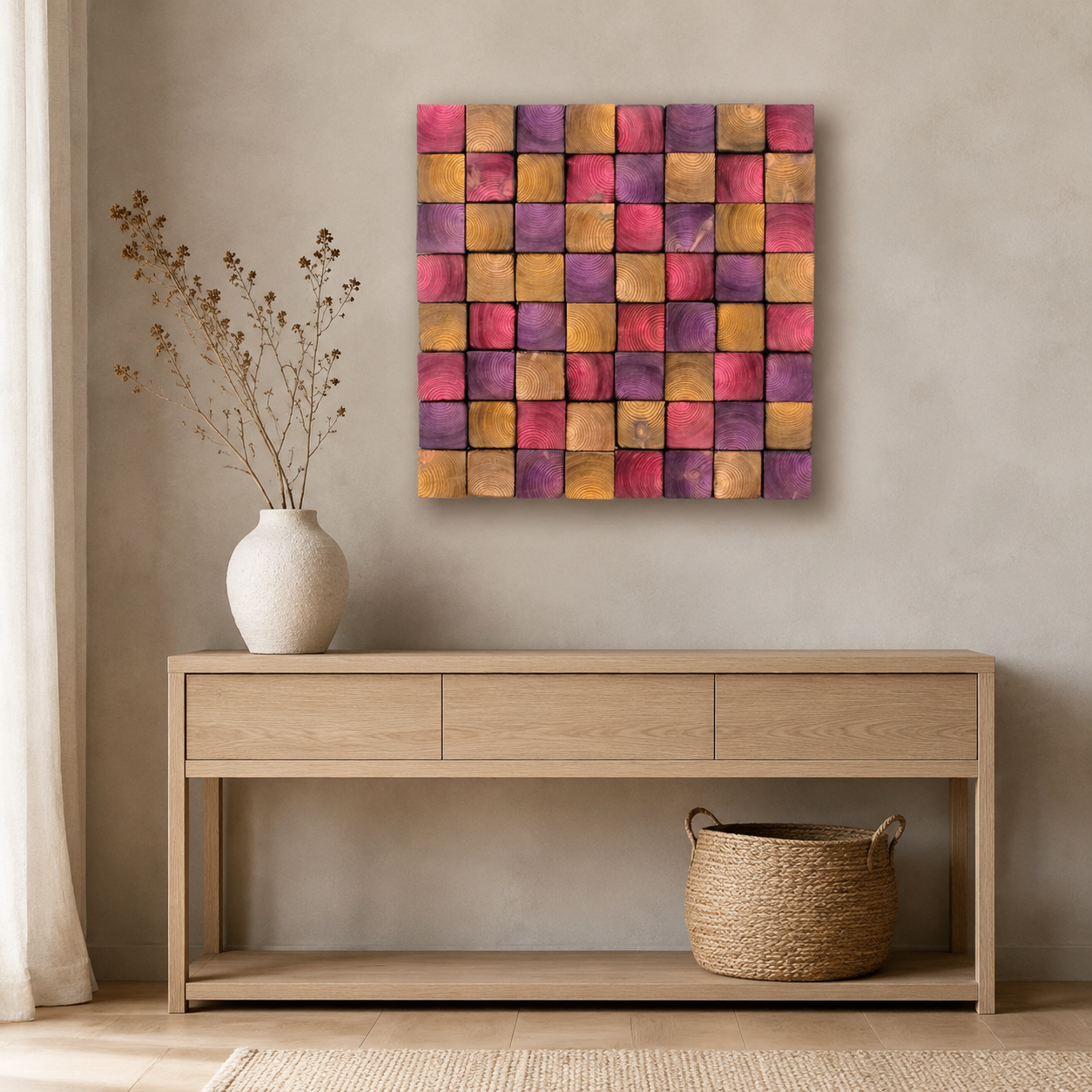 Square Wood Wall Art Handmade Block Mosaic in Pink, Purple & Amber Colourful Modern Wall Decor