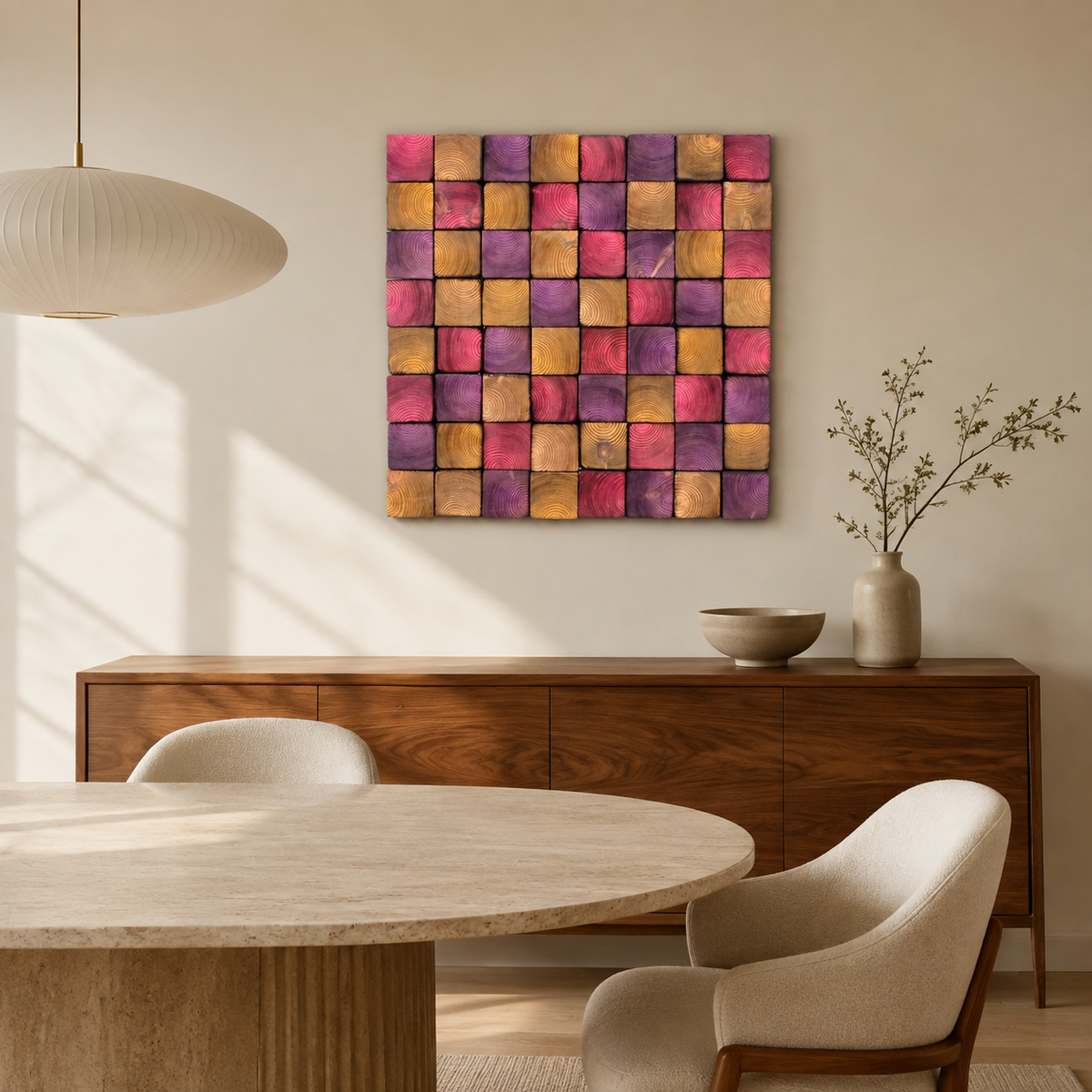 Square Wood Wall Art Handmade Block Mosaic in Pink, Purple & Amber Colourful Modern Wall Decor