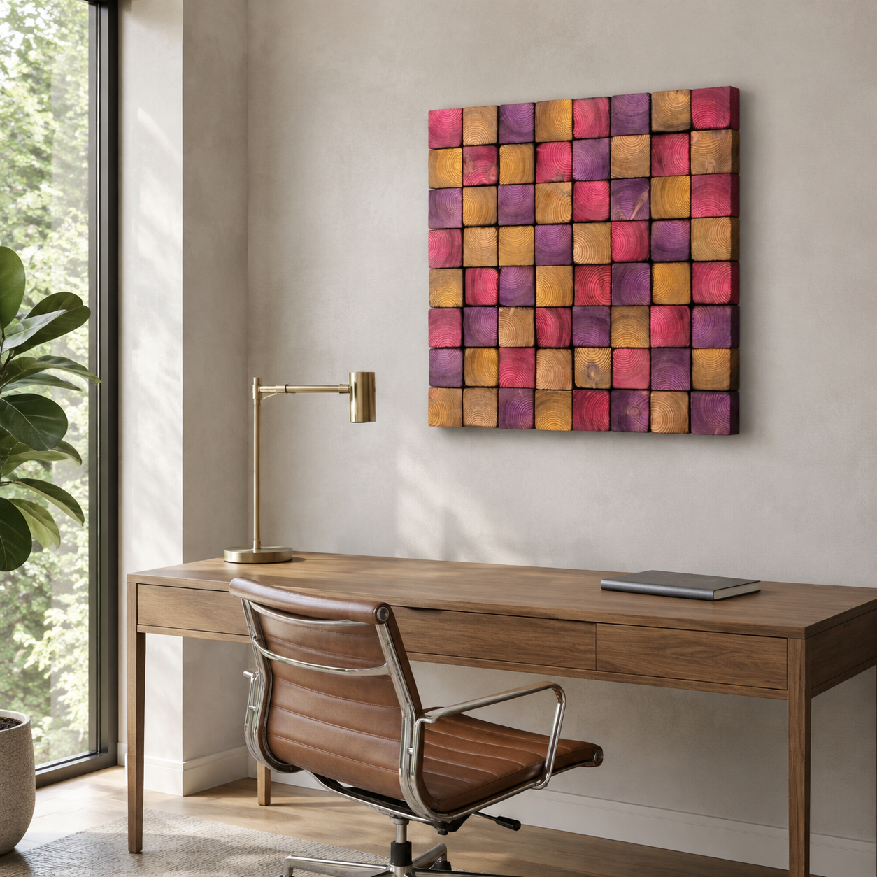 Square Wood Wall Art Handmade Block Mosaic in Pink, Purple & Amber Colourful Modern Wall Decor