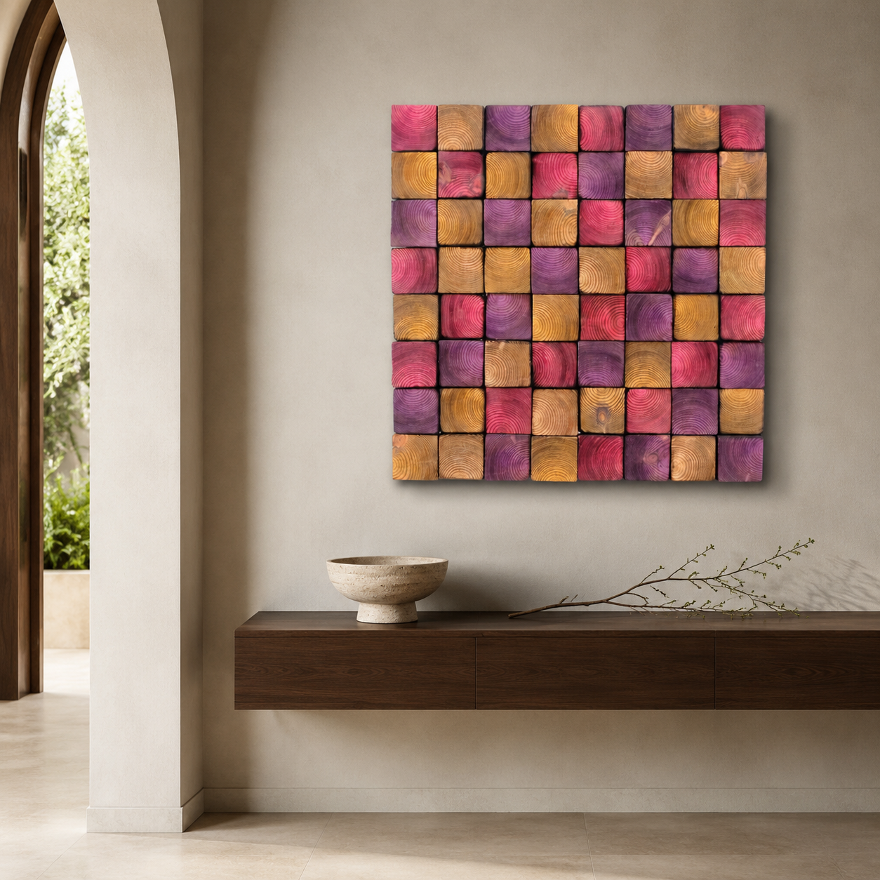 Square Wood Wall Art Handmade Block Mosaic in Pink, Purple & Amber Colourful Modern Wall Decor