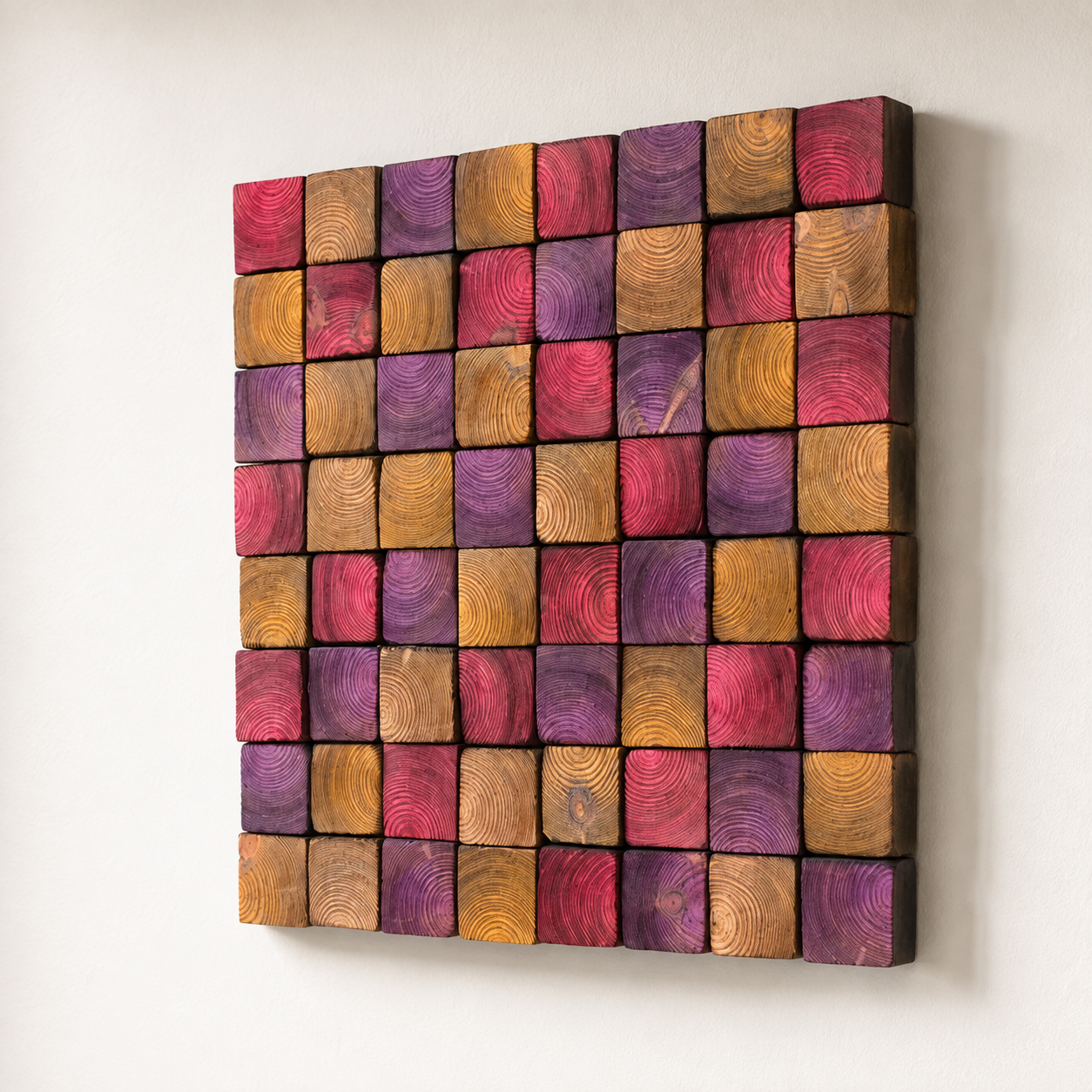 Square Wood Wall Art Handmade Block Mosaic in Pink, Purple & Amber Colourful Modern Wall Decor