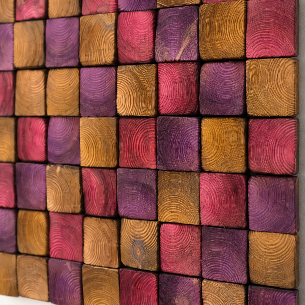 Square Wood Wall Art Handmade Block Mosaic in Pink, Purple & Amber Colourful Modern Wall Decor