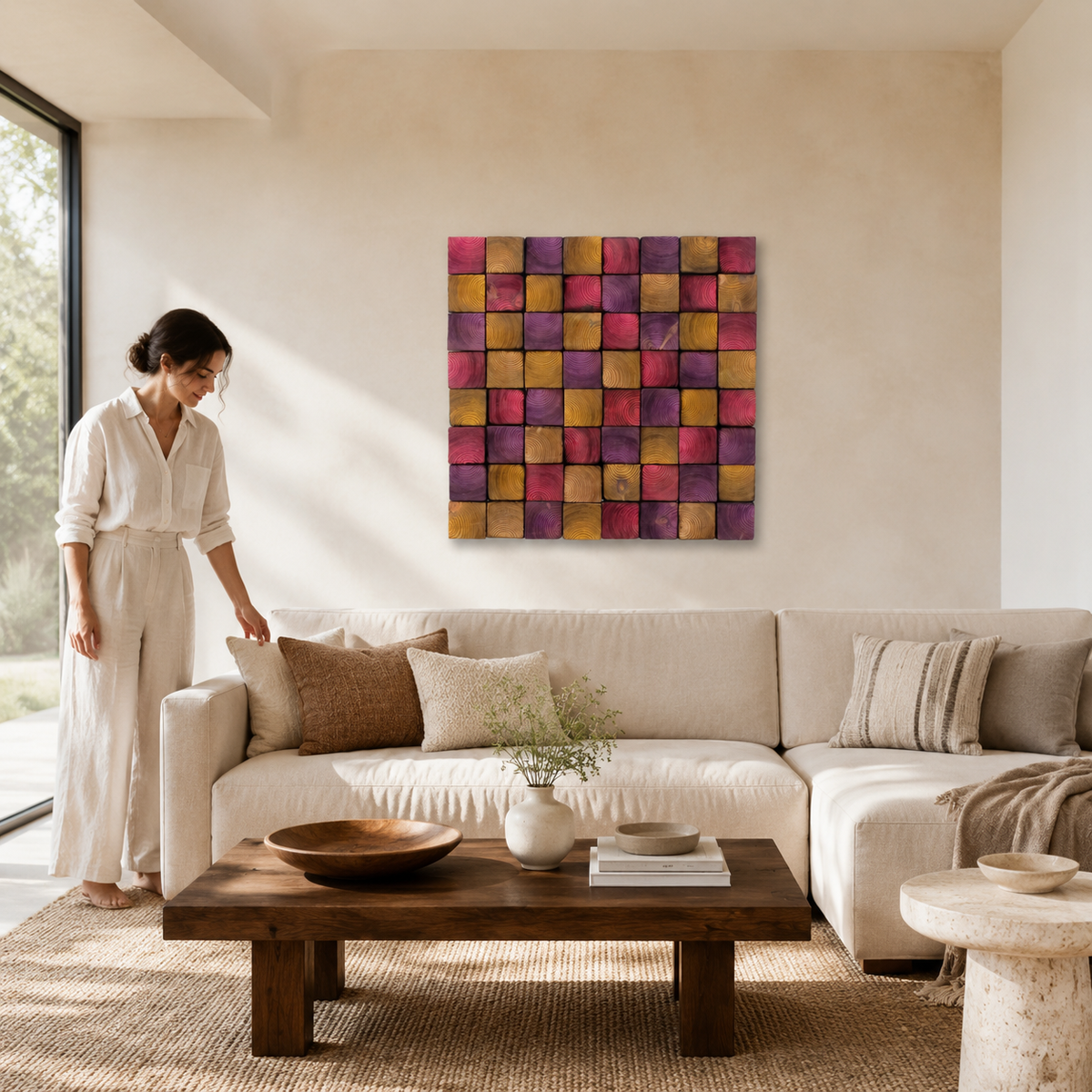 Square Wood Wall Art Handmade Block Mosaic in Pink, Purple & Amber Colourful Modern Wall Decor