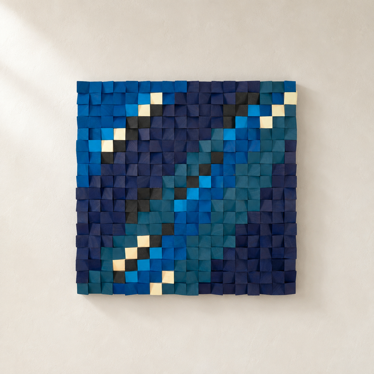 Blue Wood Mosaic Wall Art Handmade 3D Block Panel in Ocean Blue, Teal & Gold Abstract Modern Wall Decor