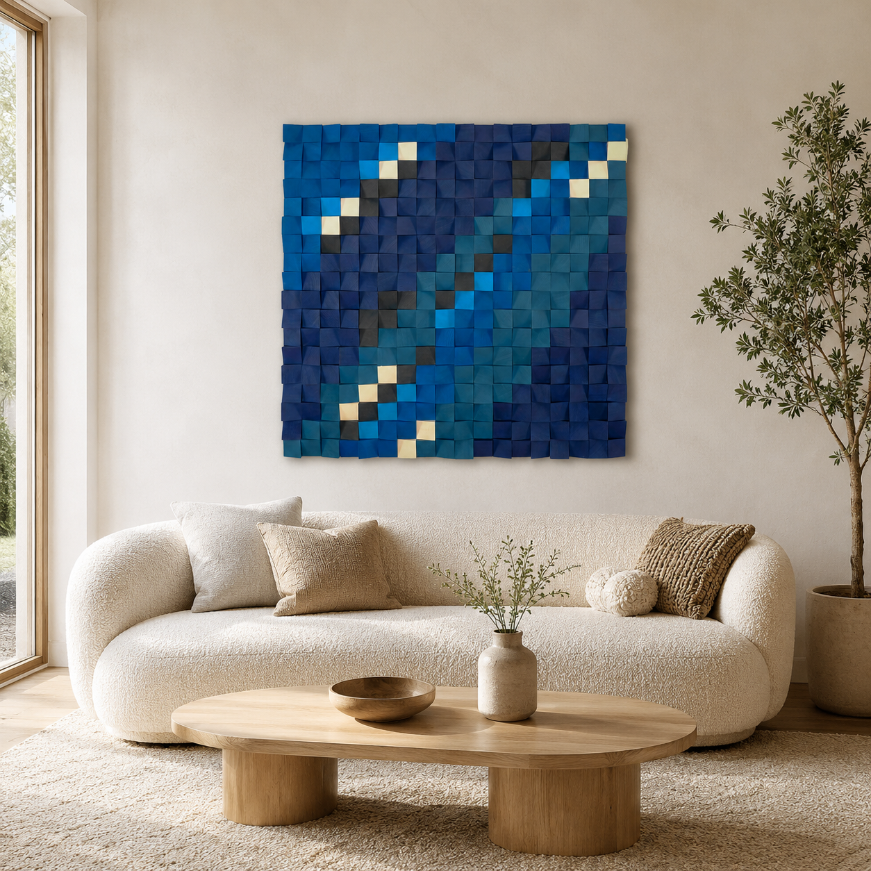 Blue Wood Mosaic Wall Art Handmade 3D Block Panel in Ocean Blue, Teal & Gold Abstract Modern Wall Decor
