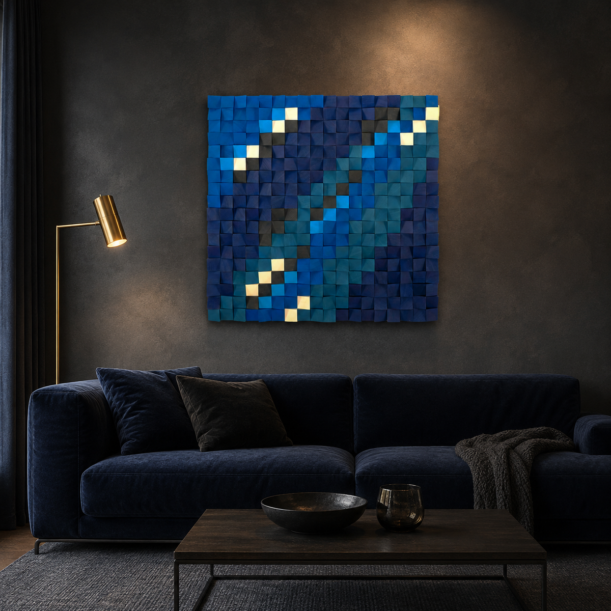 Blue Wood Mosaic Wall Art Handmade 3D Block Panel in Ocean Blue, Teal & Gold Abstract Modern Wall Decor