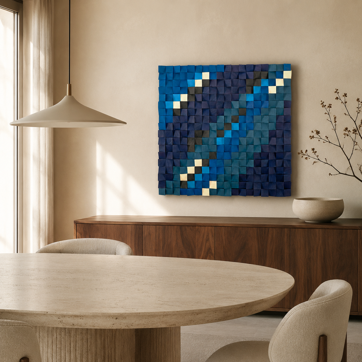 Blue Wood Mosaic Wall Art Handmade 3D Block Panel in Ocean Blue, Teal & Gold Abstract Modern Wall Decor