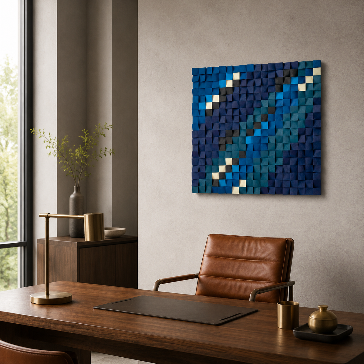 Blue Wood Mosaic Wall Art Handmade 3D Block Panel in Ocean Blue, Teal & Gold Abstract Modern Wall Decor