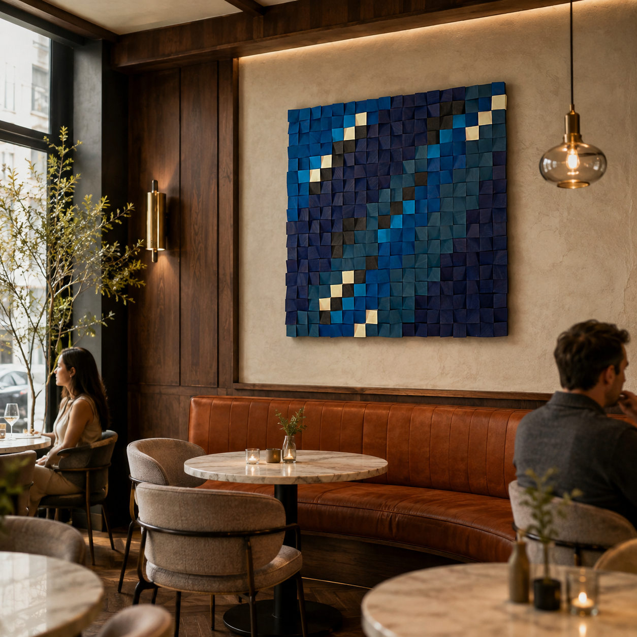 Blue Wood Mosaic Wall Art Handmade 3D Block Panel in Ocean Blue, Teal & Gold Abstract Modern Wall Decor