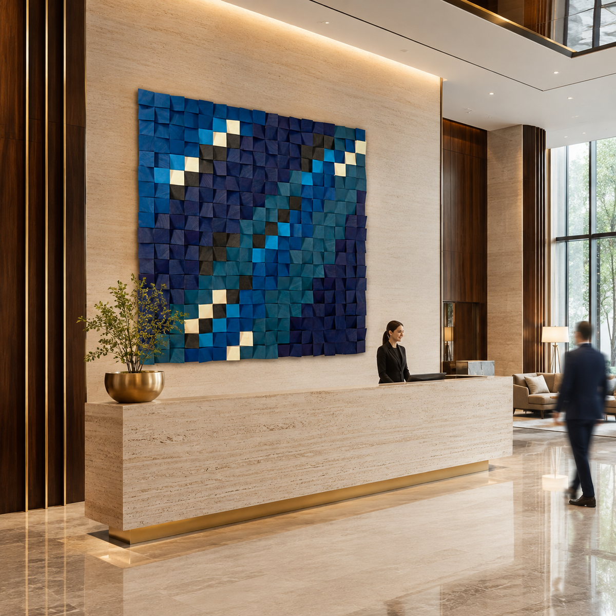 Blue Wood Mosaic Wall Art Handmade 3D Block Panel in Ocean Blue, Teal & Gold Abstract Modern Wall Decor