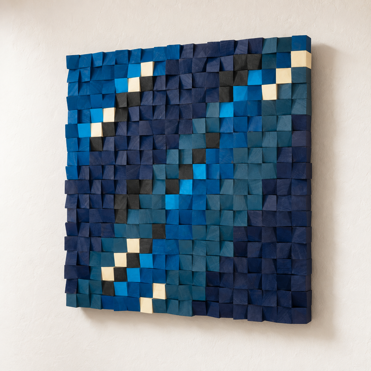 Blue Wood Mosaic Wall Art Handmade 3D Block Panel in Ocean Blue, Teal & Gold Abstract Modern Wall Decor