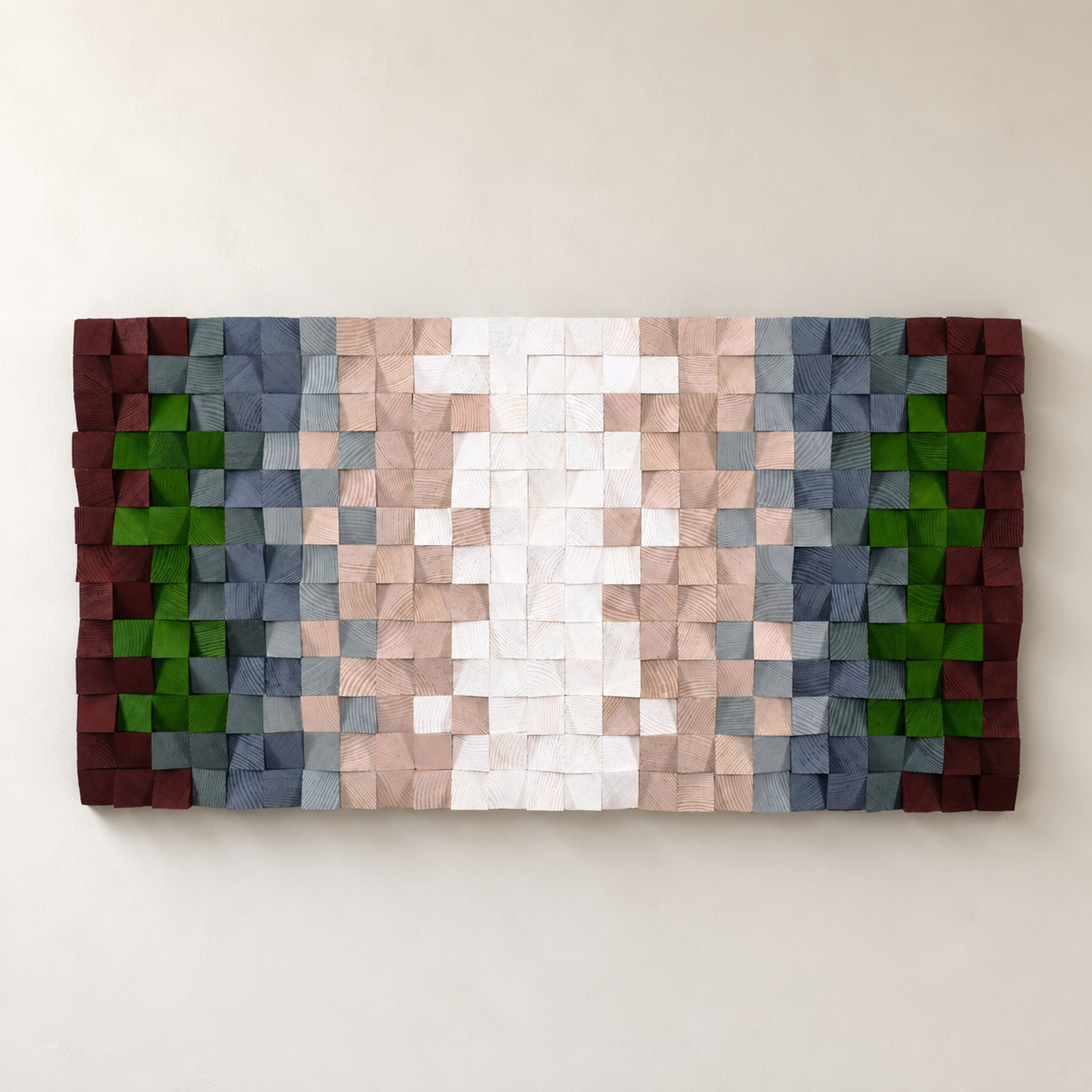 3D Wood Mosaic Wall Art Handmade 3D Block Panel in Blush, Sage & Burgundy Muted Modern Wall Decor