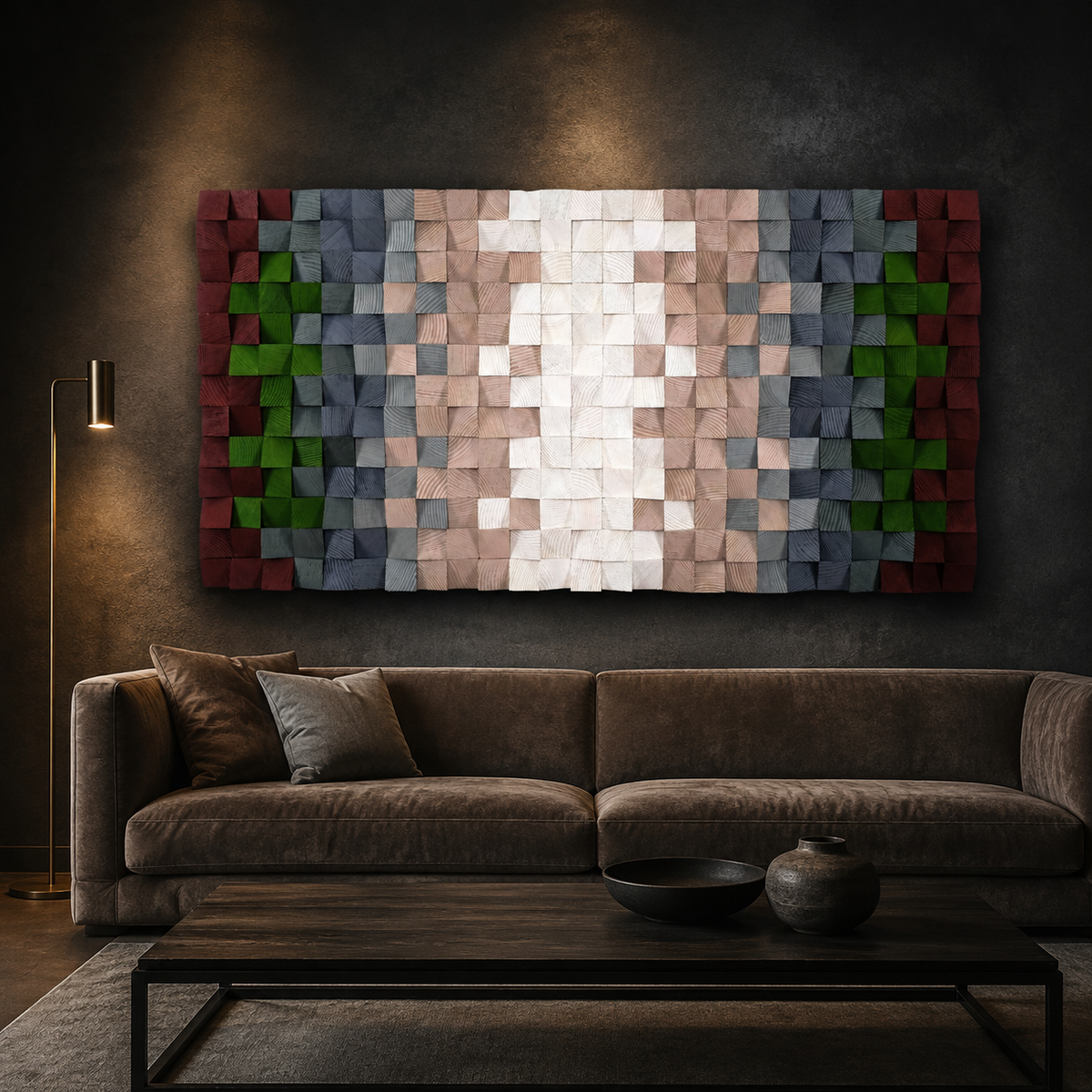 3D Wood Mosaic Wall Art Handmade 3D Block Panel in Blush, Sage & Burgundy Muted Modern Wall Decor