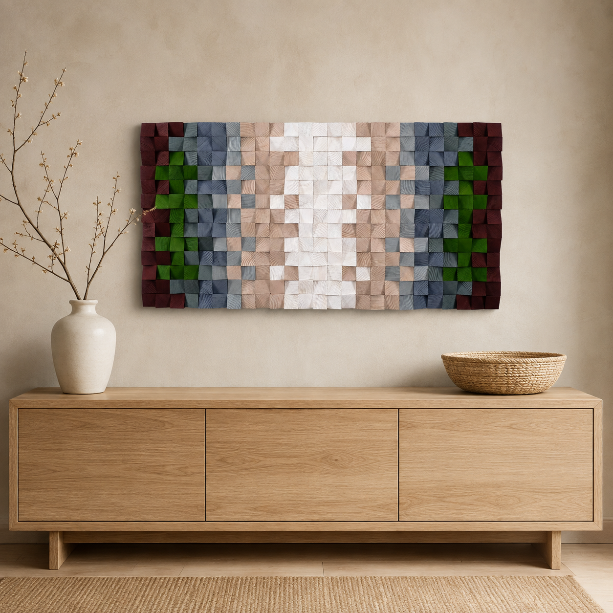 3D Wood Mosaic Wall Art Handmade 3D Block Panel in Blush, Sage & Burgundy Muted Modern Wall Decor