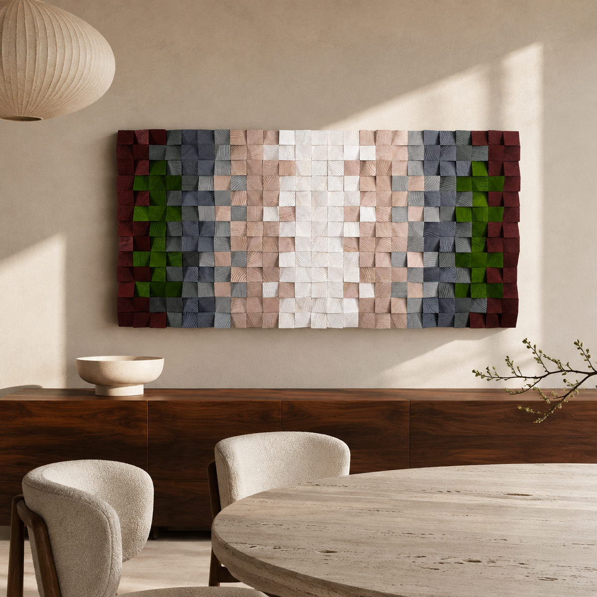 3D Wood Mosaic Wall Art Handmade 3D Block Panel in Blush, Sage & Burgundy Muted Modern Wall Decor