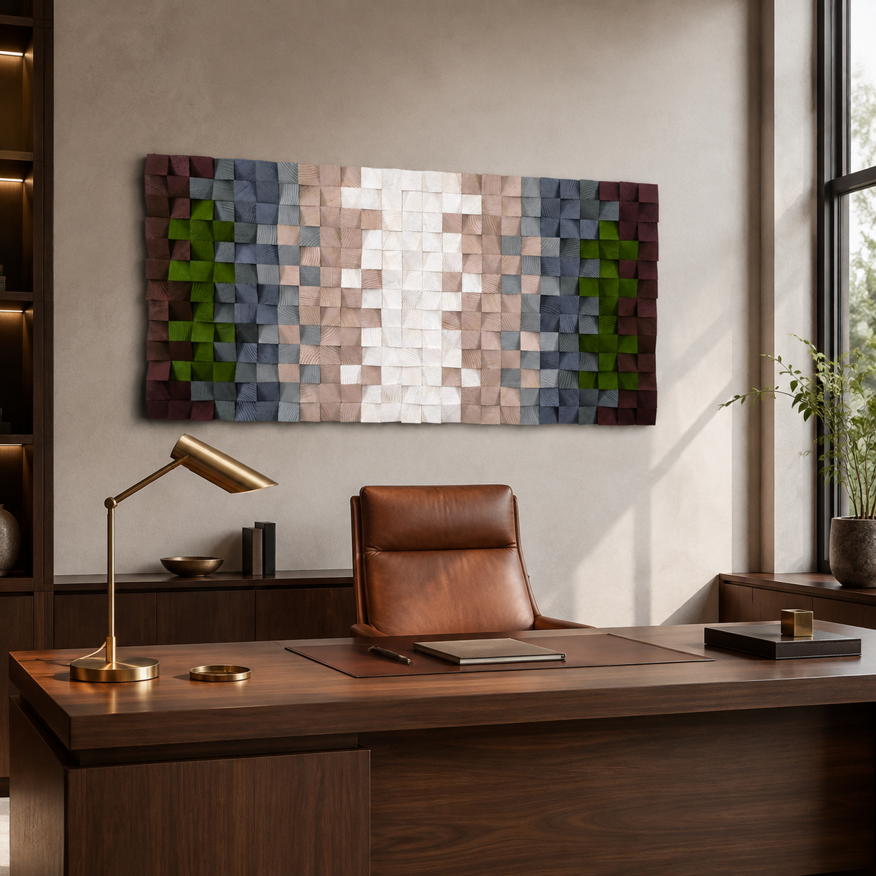 3D Wood Mosaic Wall Art Handmade 3D Block Panel in Blush, Sage & Burgundy Muted Modern Wall Decor