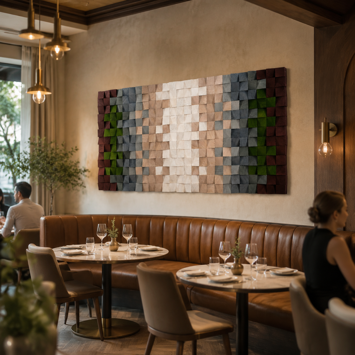 3D Wood Mosaic Wall Art Handmade 3D Block Panel in Blush, Sage & Burgundy Muted Modern Wall Decor